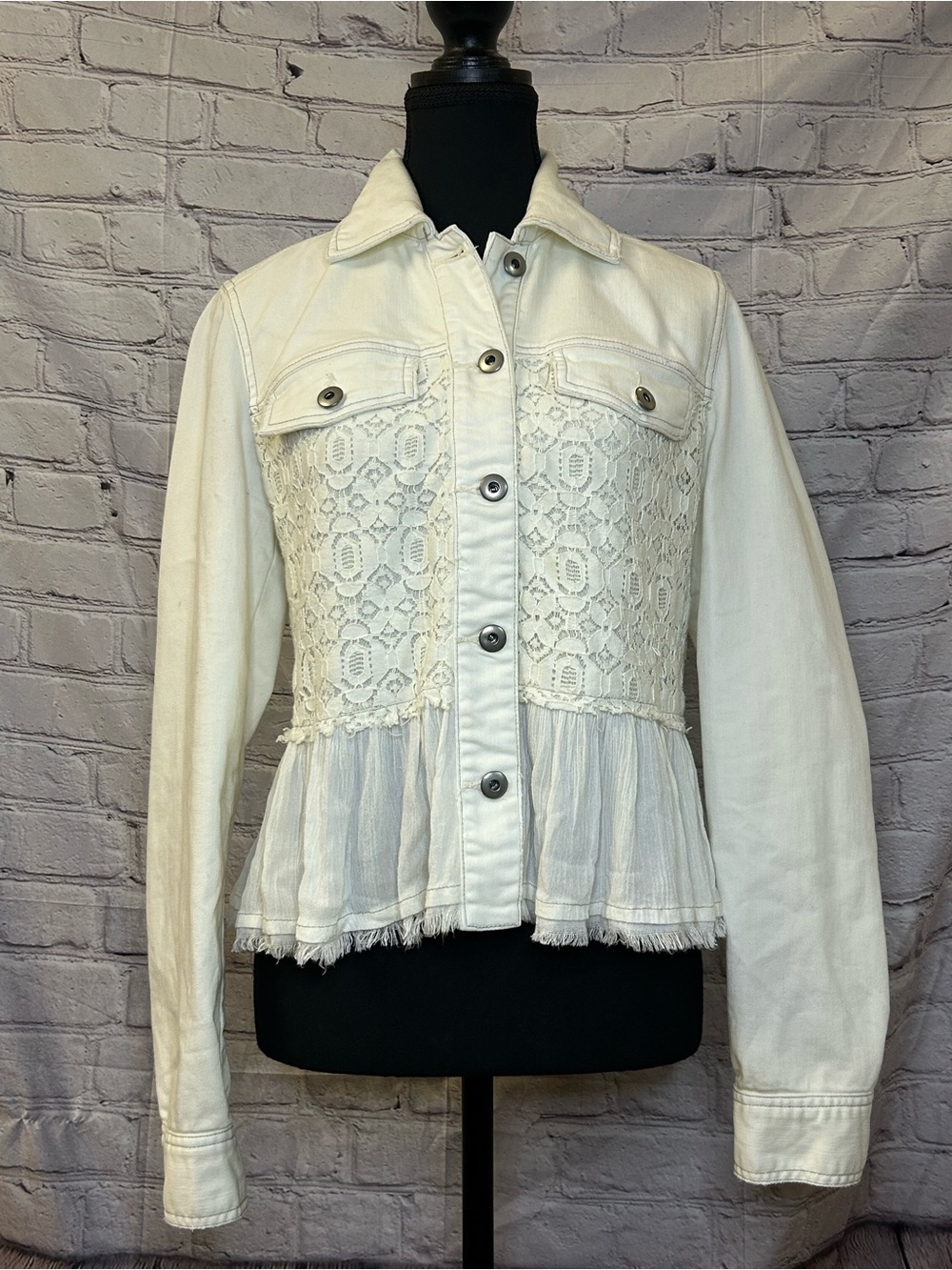 Free People Cream Lace Peplum Jean Jacket